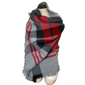 Cozy Soft Buffalo Check Black Gray Red Large Tweed Wrap Scarf Fringed 77" x 29"